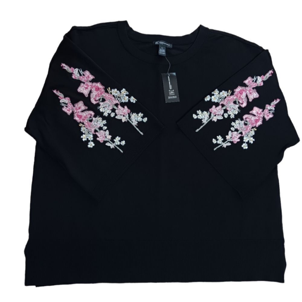 INC Embroidered Black Knit Elbow Top 2X